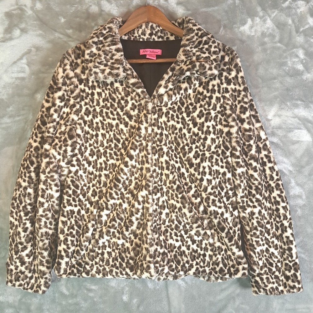 Betsey Johnson Leopard Print Faux Fur Jacket Hook & Eye Women's Large Soft